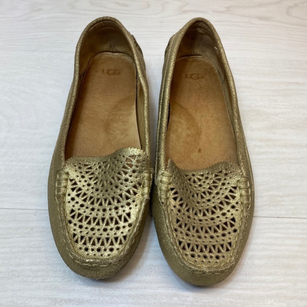 UGG Women 9 Milana Loafers Gold Metallic Leather Laser Cut Driving Flats 1106689